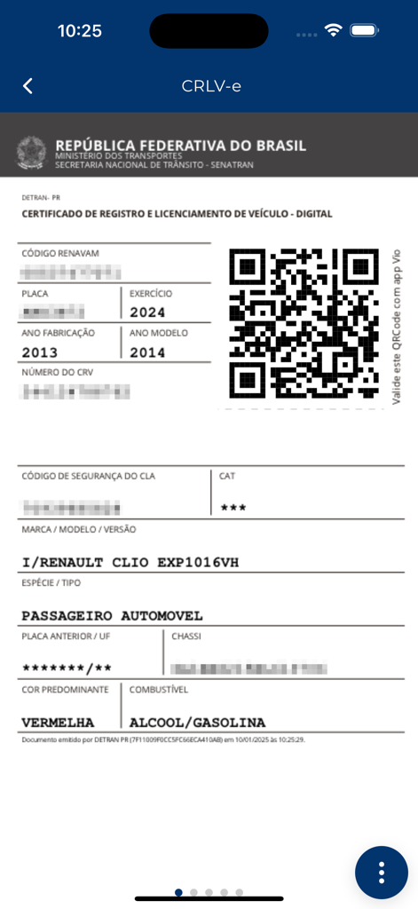Detran/PR InteliGENTE - Digital vehicle registration and licensing certificate CRLV-e in the Detran PR InteliGENTE mobile application.
