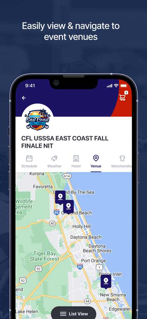 USSSA - USSSAモバイルアプリに、ナビゲーション用のピンが付いたイベント会場の地図が表示されています