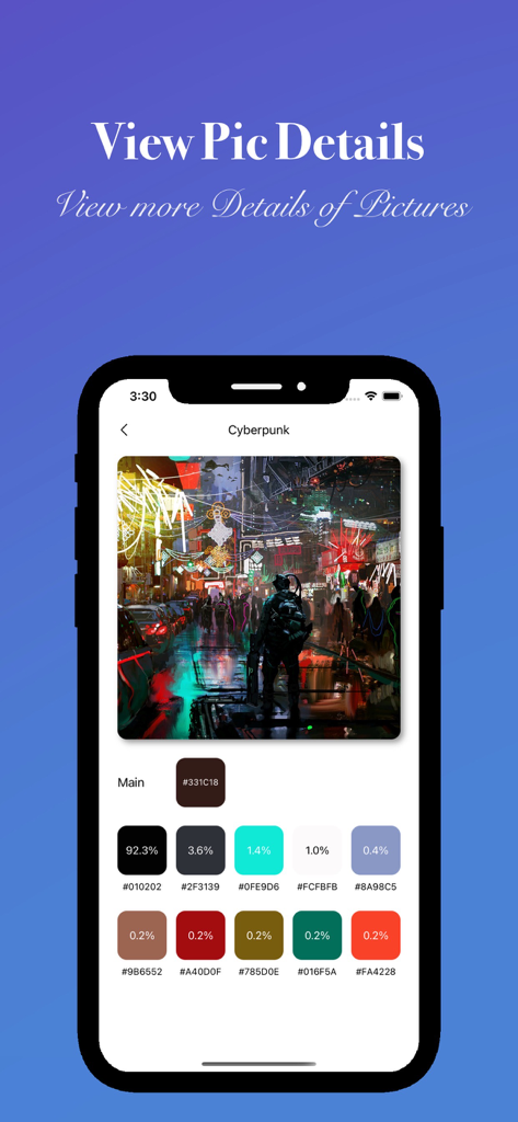 Color Picker: Design & Detect - 앱 화면에 디지털 이미지에 대한 색상 팔레트 분석 및 헥스 코드가 표시됨.