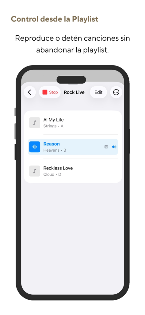 Padline - iPhone screen showing a playlist of worship pads with song titles and play controls