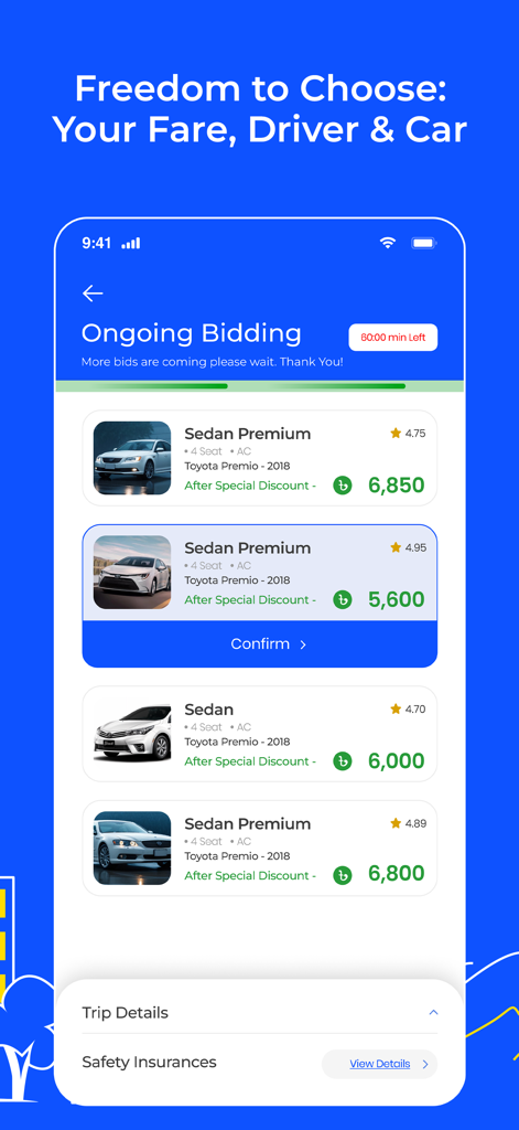 Screenshot of the Garibook app displaying a list of sedan car options with bidding prices and driver ratings.