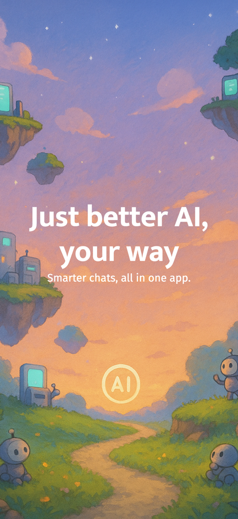 Nexal AI intro screen featuring an artistic landscape with robots and the slogan Just better AI your way