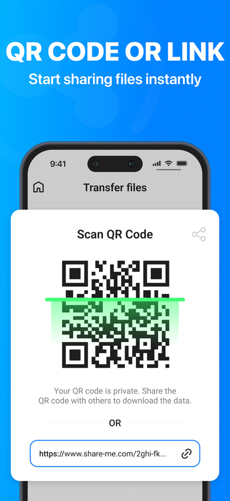 Share Me: File Transfer App - Oberfläche für sofortige Dateifreigabe mit einem QR-Code oder einem direkten Link in der Share Me App