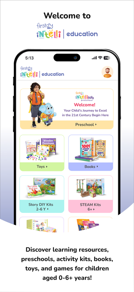 FirstCry Intelli Education - Home screen of FirstCry Intelli Education app showing educational categories like preschool toys books and STEAM kits
