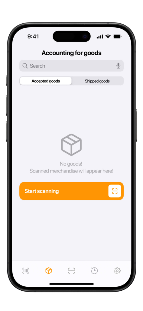 Barcode Scanner & Reader - Accounting for goods screen in a barcode scanner app showing tracking for accepted and shipped items