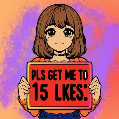 realistic girl holding up a sign that says “pls get me to 15 likes!”