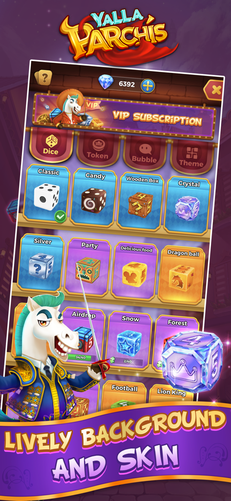 Yalla Parchis - Yalla Parchis app screen showing various collectible dice skins like Candy and Crystal with a cartoon horse character