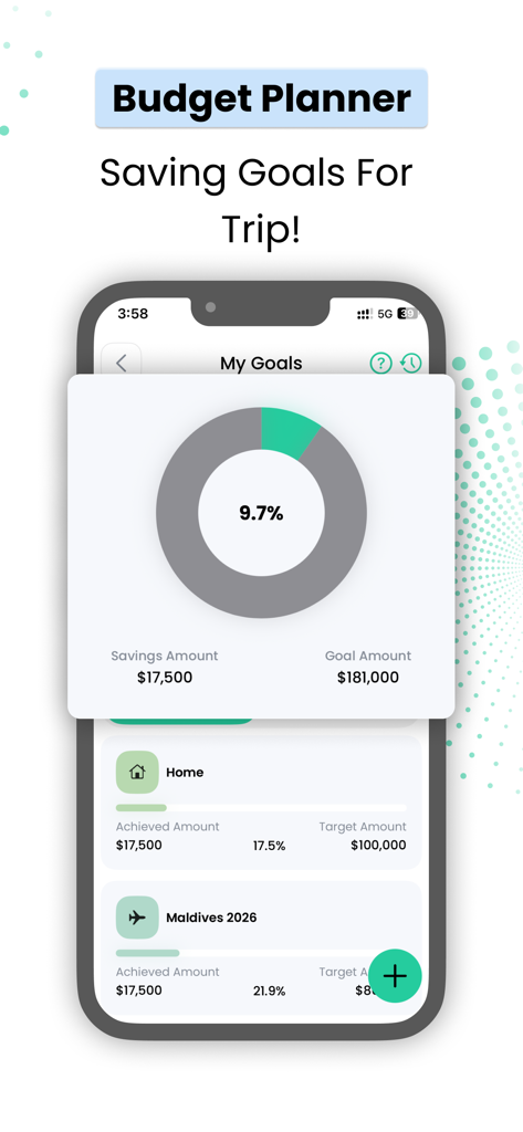 The Bills Organizer: Spendable - Una interfaz de aplicación móvil que muestra objetivos de ahorro para una casa y un viaje a Maldivas con barras de progreso y gráficos.