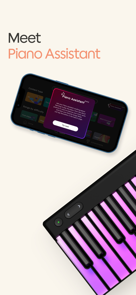 Función Piano Assistant de la aplicación ROLI Learn con un teclado luminoso encendido