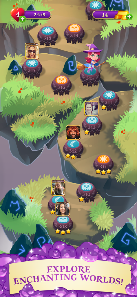 Bubble Witch 3 Saga - In-game map screen of Bubble Witch 3 Saga showing Stella the Witch and friends progress across various levels.