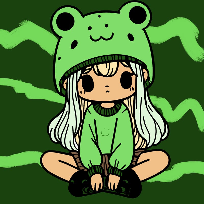 a girl wearing a frog hat and some frog socks