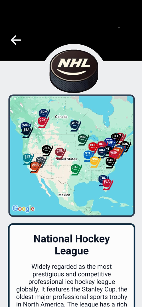 My Hockey Passport - A map of North America showing NHL team arena locations in the My Hockey Passport app
