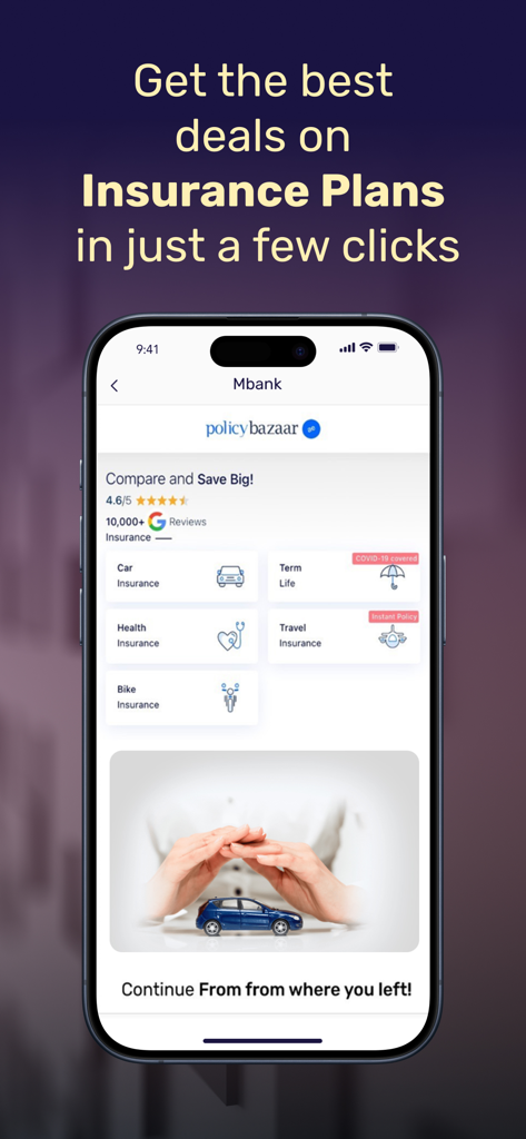 Mbank UAE app screen for comparing and purchasing insurance plans