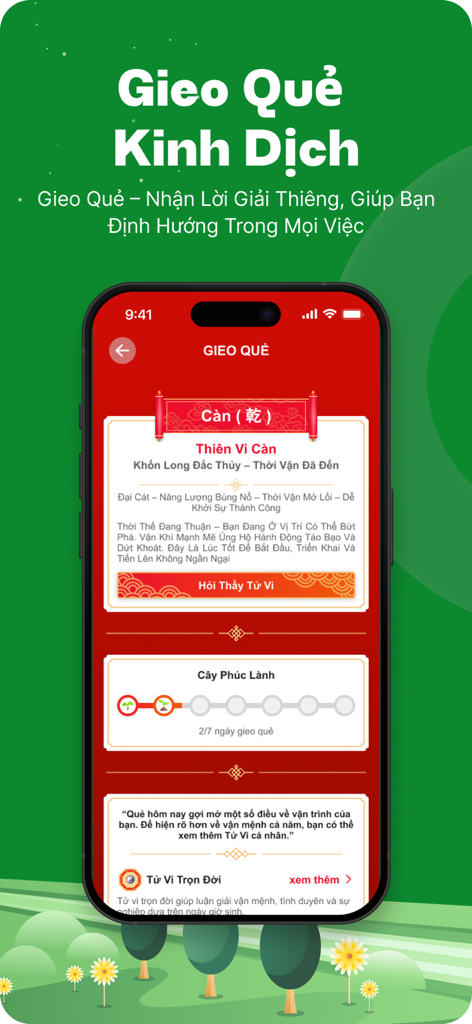 Lịch Âm - Lịch Vạn Niên 2026 - Captura de pantalla de la aplicación Lich Am 2026 mostrando la función de adivinación del I Ching con una lectura de hexagrama en vietnamita