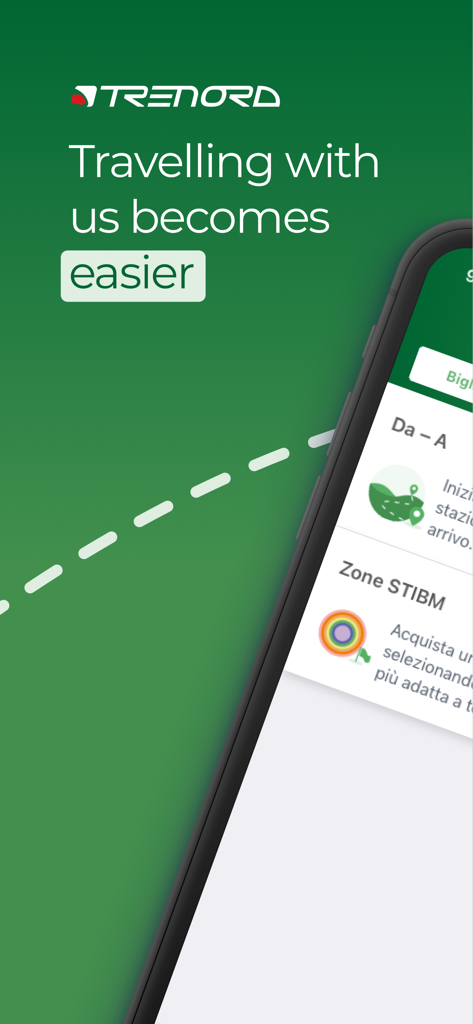 Trenord app splash screen with the headline Travelling with us becomes easier and a preview of the ticket search interface