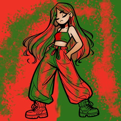 girl in baggy pants crop top and long hair