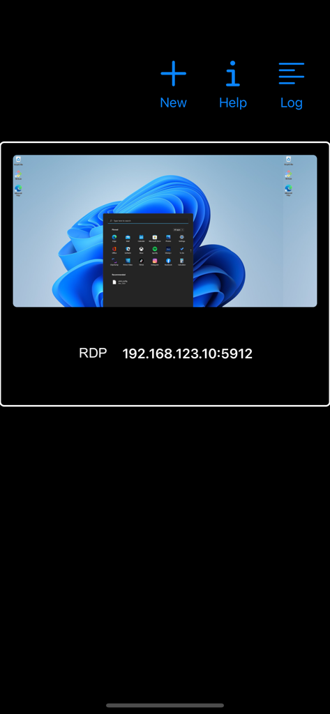 aRDP Pro app interface showing a saved remote desktop connection with a Windows 11 desktop preview and IP address.