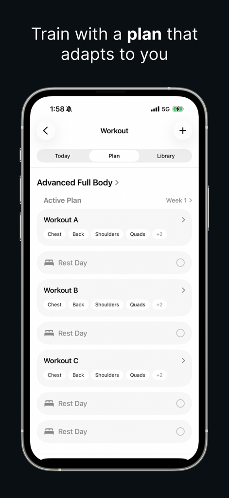 Metryc AI app interface showing a weekly advanced full body workout schedule with planned exercise days and rest days.