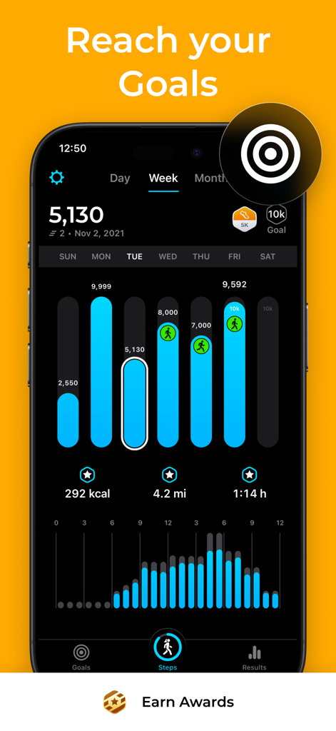 Weekly step count and activity goal tracking on the StepsApp Pedometer interface.