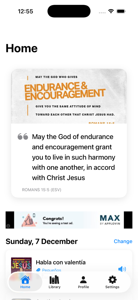 Devocion Matutina - Devocion Matutinaアプリのホーム画面、ローマ15章5節からの毎日の聖句を表示