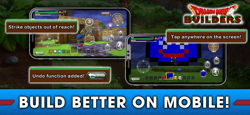 DRAGON QUEST BUILDERS - Gameplay screenshots of Dragon Quest Builders on mobile showcasing touch controls and building features