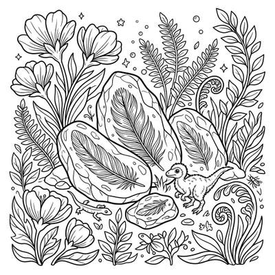 Journey back to a prehistoric spring with this unique coloring page, blending ancient amber feather fossils with vibrant new life. Adorn a playful baby dinosaur and blooming flora as you bring this fascinating scene to life.