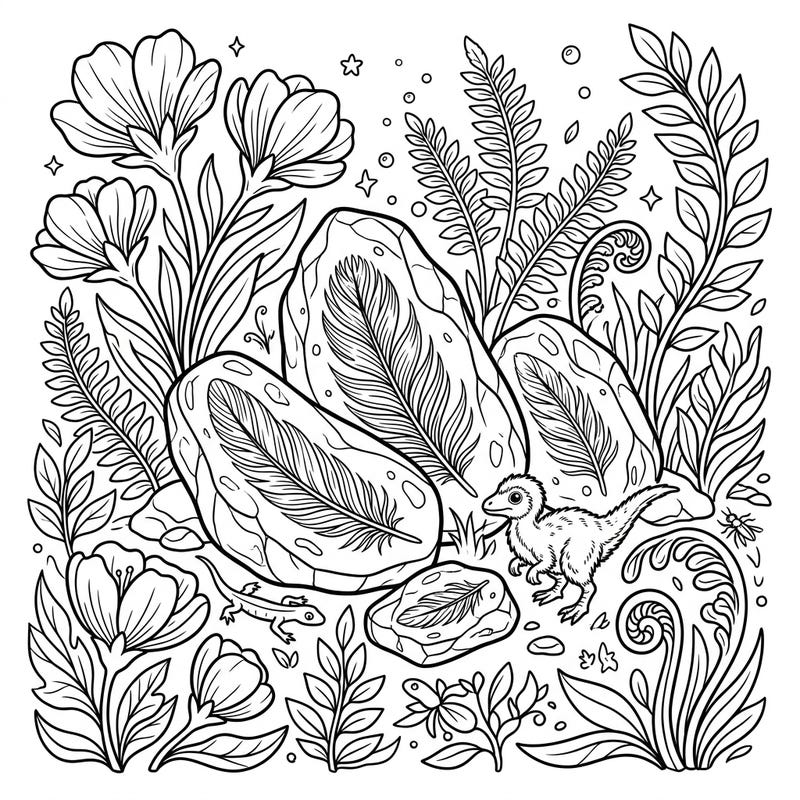 Journey back to a prehistoric spring with this unique coloring page, blending ancient amber feather fossils with vibrant new life. Adorn a playful baby dinosaur and blooming flora as you bring this fascinating scene to life.