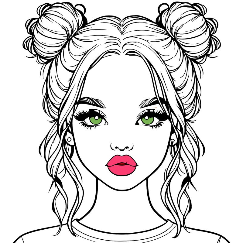 realistic girl with two buns in hair and lips