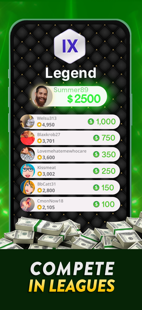 Leaderboard screen displaying top players and cash prize amounts in Pool Payday