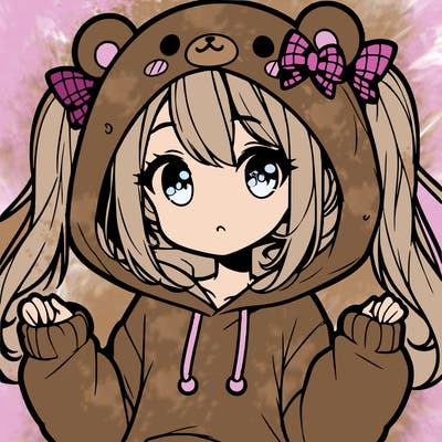 cute anime girl with ponytails and a cute bear hoodie