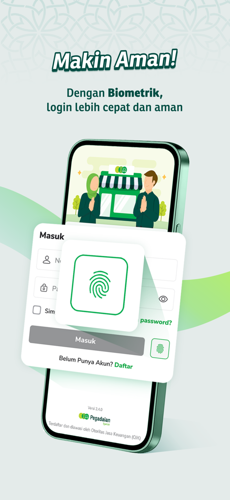 Pegadaian Syariah Digital - Pegadaian Syariah Digitalアプリのログイン画面。安全なアクセスのため、指紋生体認証を表示。