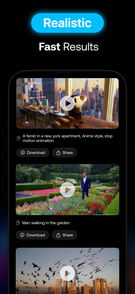 Interfaz de la aplicación CinemAI que muestra generaciones de video con IA realistas a partir de prompts de texto con opciones para descargar y compartir.