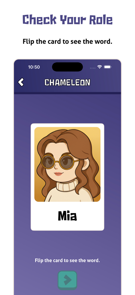 Checking player role and avatar on a card in the Chameleon party game