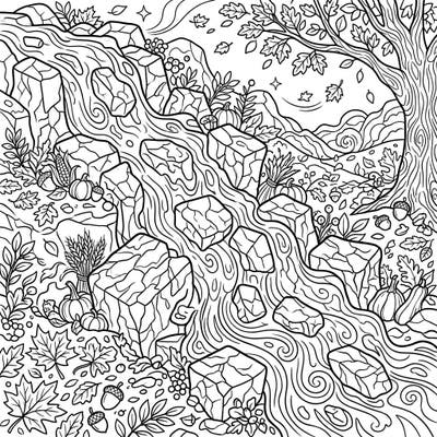 Dive into a spectacular autumn scene where stylized blocky lava flows carve their path through a rich fall landscape. This unique coloring page blends natural geological wonder with the cozy charm of the season, perfect for imaginative colorists.