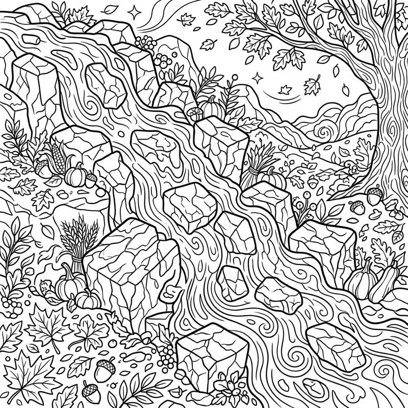 Dive into a spectacular autumn scene where stylized blocky lava flows carve their path through a rich fall landscape. This unique coloring page blends natural geological wonder with the cozy charm of the season, perfect for imaginative colorists.