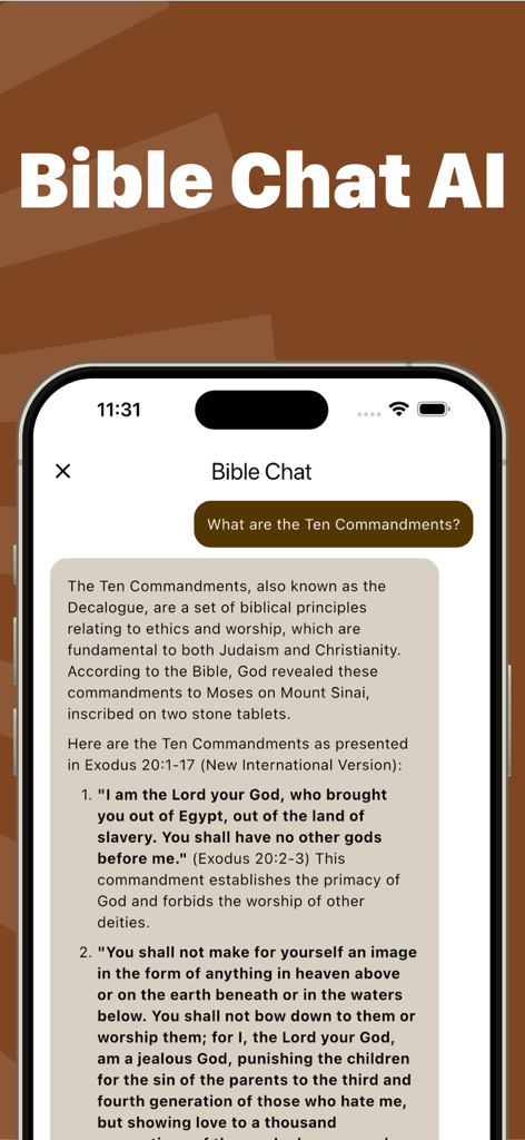 Interfaz de chat de IA de la Biblia de la aplicación Heaven explicando los Diez Mandamientos