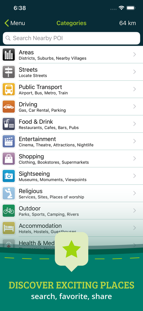 Pocket Earth PRO app interface displaying points of interest categories for offline navigation and travel