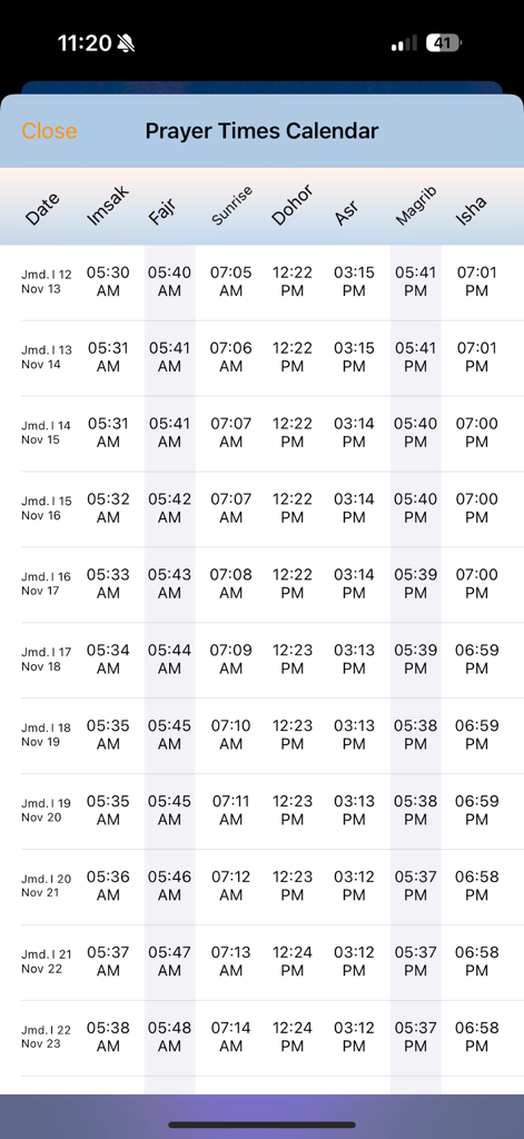 Interfaccia del calendario degli orari di preghiera che mostra gli orari giornalieri per le preghiere islamiche