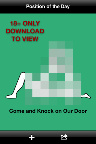 Nerve's Sex Position of the Day - Interfaccia dell'app Nerve Sex Position of the Day che mostra un disegno schematico sfocato intitolato Come and Knock on Our Door con un avviso di restrizione d'età.
