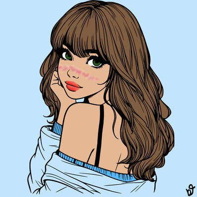 realistic girl with bangs looking over her shoulder