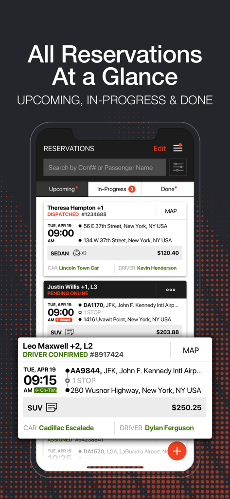 Limo Anywhere Mobile - Limo Anywhere Mobile app reservation management screen showing upcoming and in-progress trips.