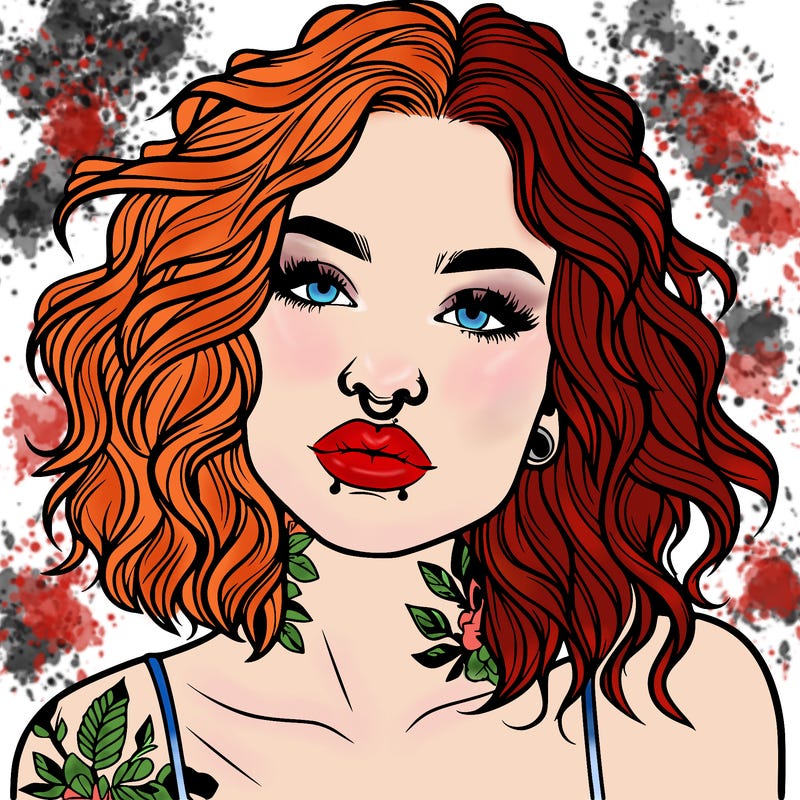 realistic woman with septum piercing and wavy hair and tattoos