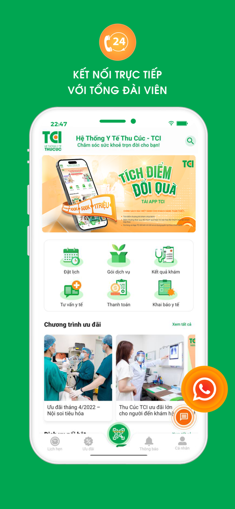 TCI - Hospital - Home screen of the TCI Hospital mobile app displaying healthcare services and appointment booking options in Vietnamese.