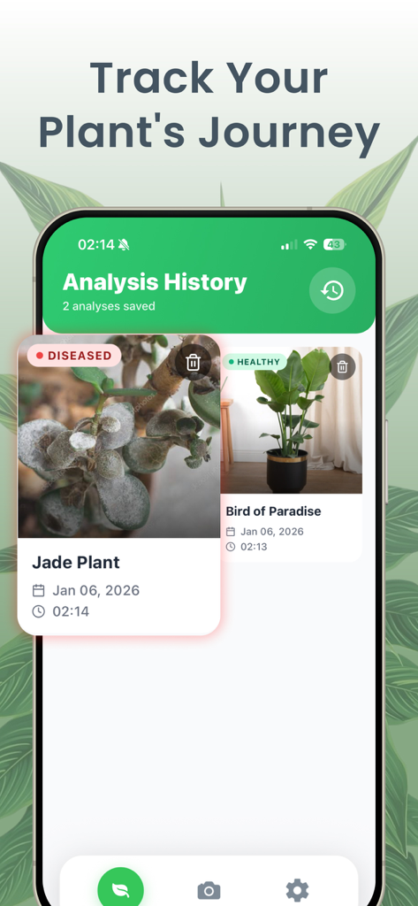 Plant Disease Identifier Bio - Interfaz de la aplicación Plantora mostrando el historial de análisis con una planta de jade enferma y un ave del paraíso saludable
