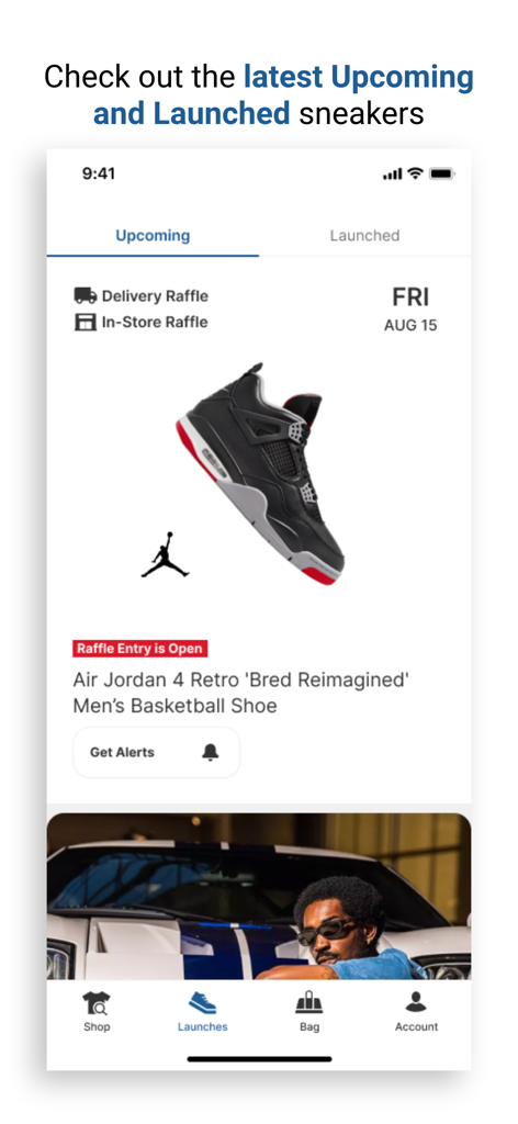 Hibbett app showing upcoming sneaker launches and raffle entries for Air Jordan 4 Retro