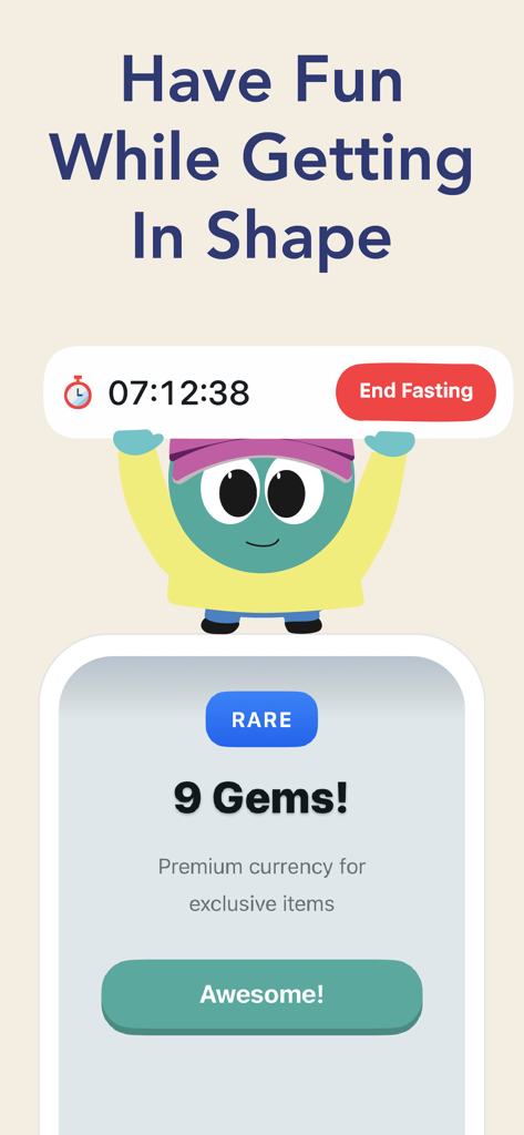 Pipo AI - Workouts & Diet Pal - Pipo AI app interface showing an intermittent fasting timer with a cute character and rare gem rewards
