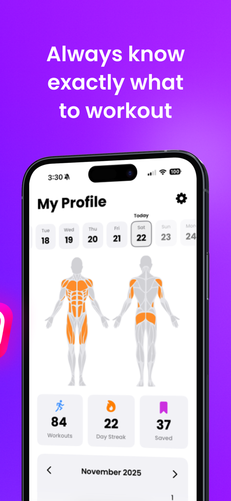 Tela do perfil do aplicativo Gymdex mostrando uma visualização do mapa muscular e estatísticas de progresso de fitness
