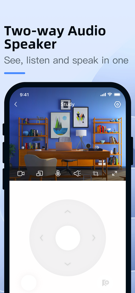 Interfaz de la aplicación YI Smart que muestra la función de altavoz de audio bidireccional y una vista de cámara en vivo de un estudio de oficina en casa.