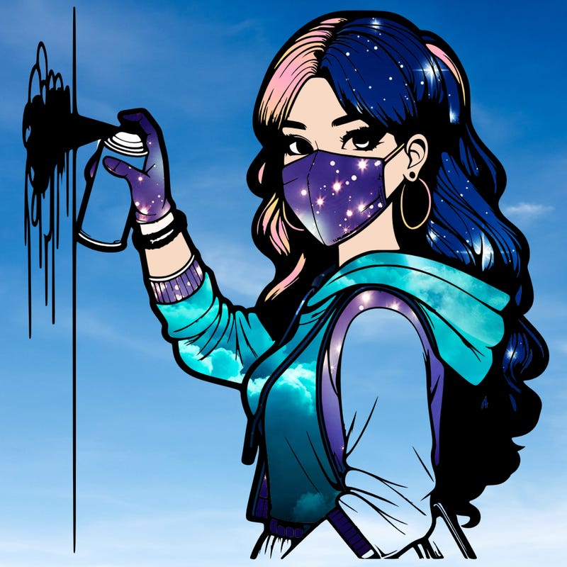 realistic girl with mask spray painting a wall