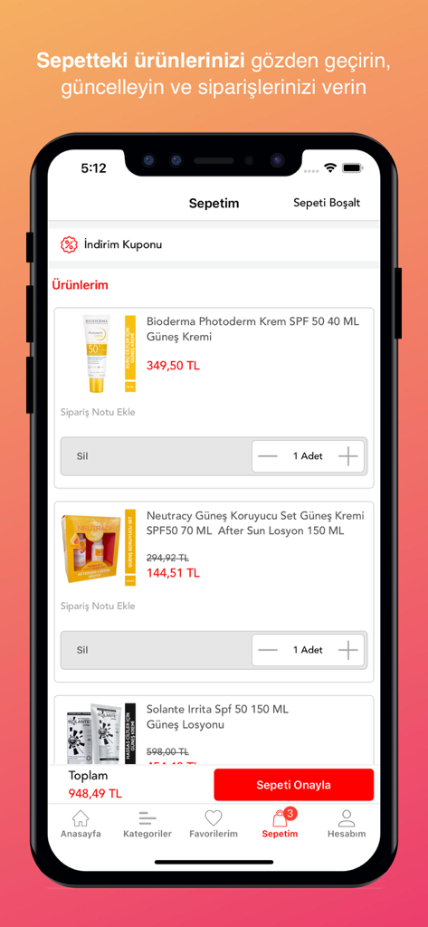 Nar Ecza - Nar Ecza mobile app shopping cart screen showing various sunscreen products and a checkout button
